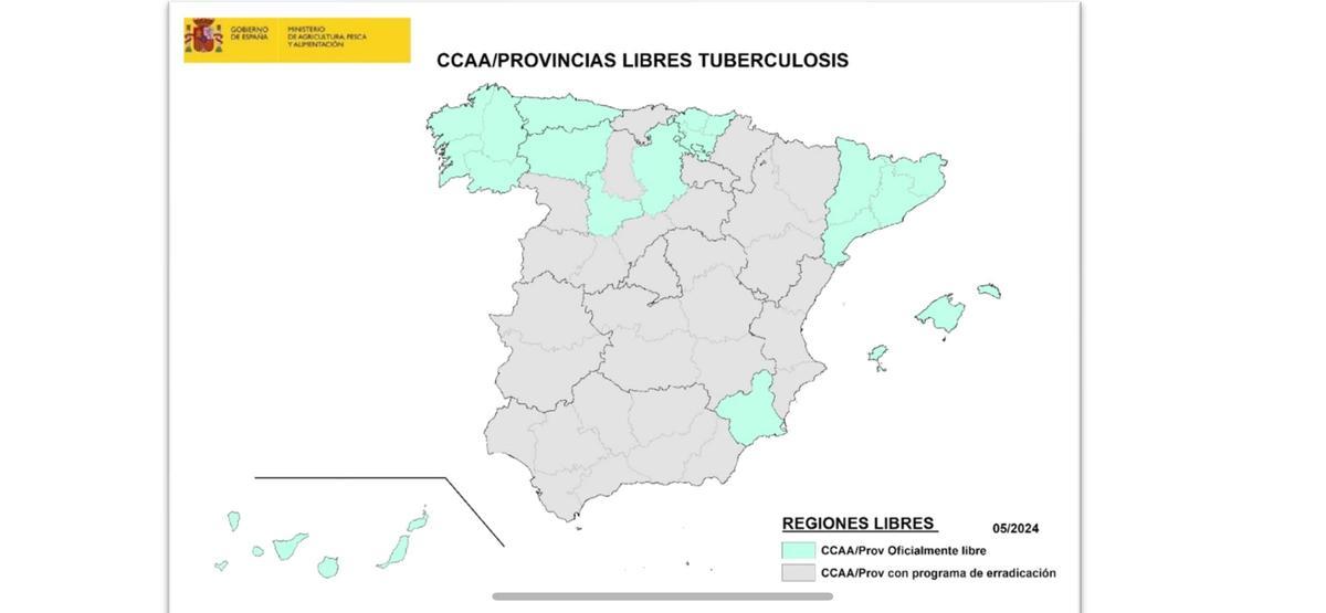 Mapa con las provincias libres de tuberculosis en España.