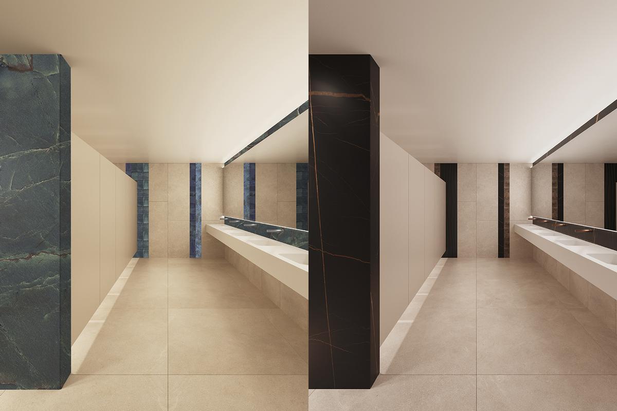 Renders del proyecto de renovación de los aseos. Diseño: Dobleese Estudio Valencia.