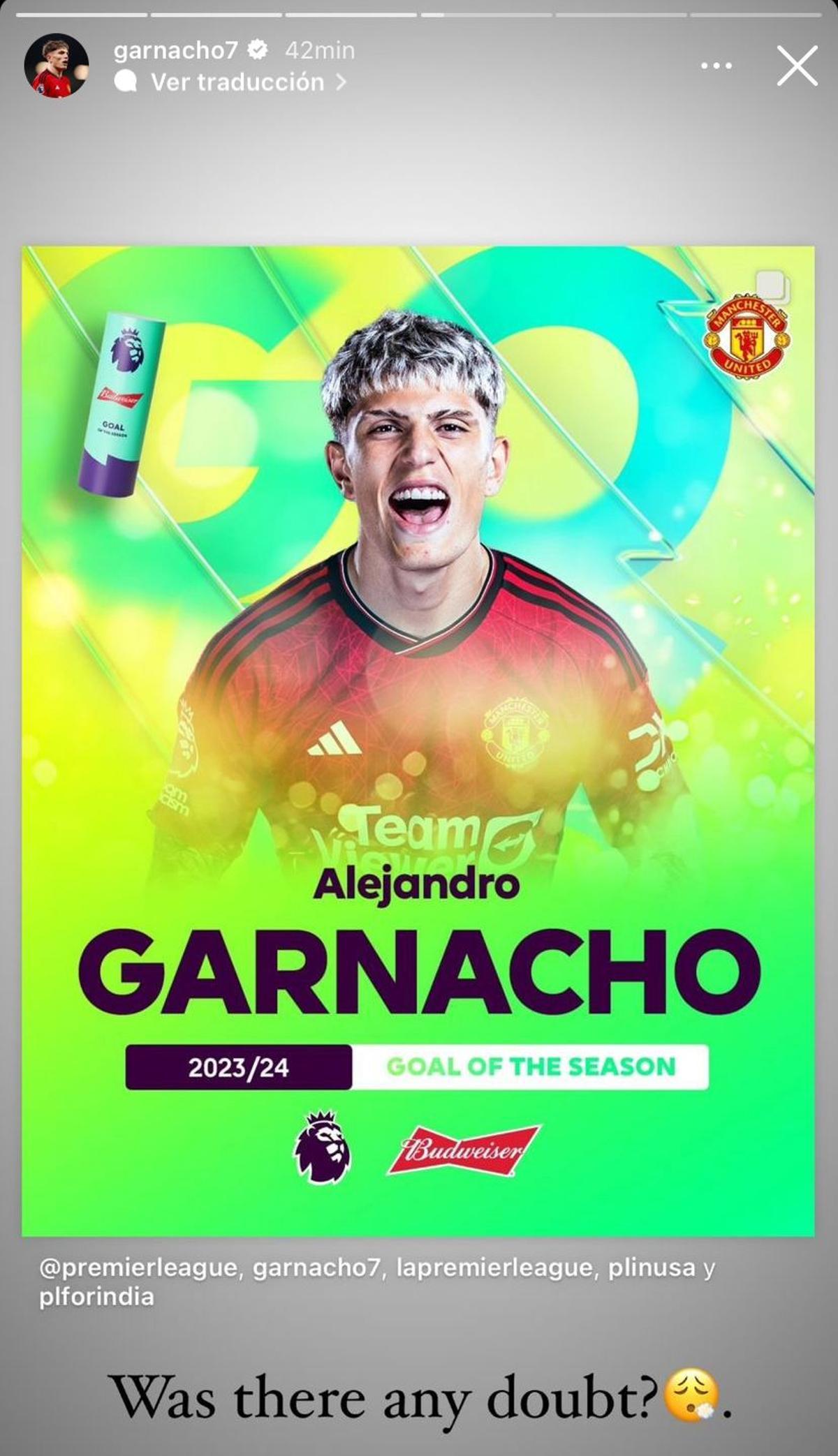 El mensaje de Garnacho en Instagram tras recibir el premio del gol de la temporada en la Premier