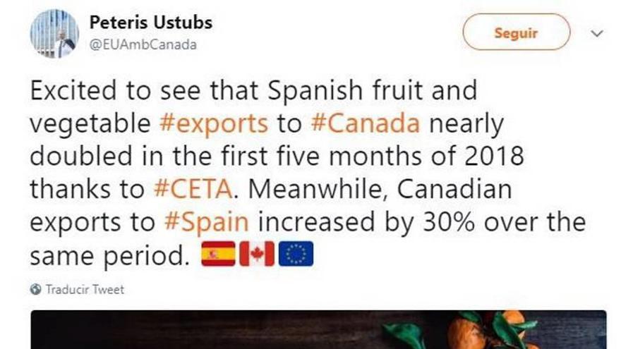 Tweet reciente del embajador canadiense en la Unión Europea.