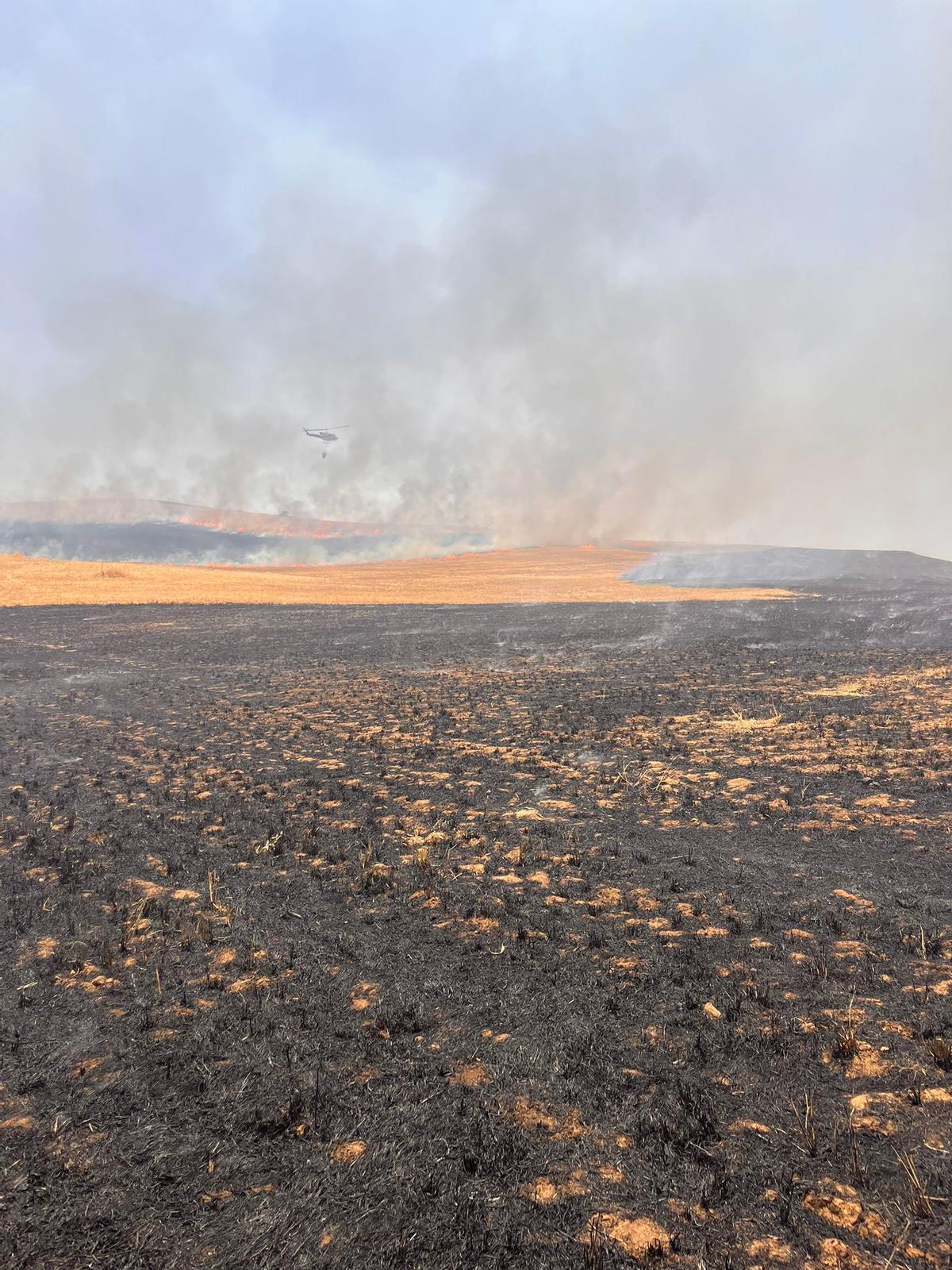 Un helicóptero trabaja en la extinción de las llamas del incendio declarado en Almodóvar del Río.