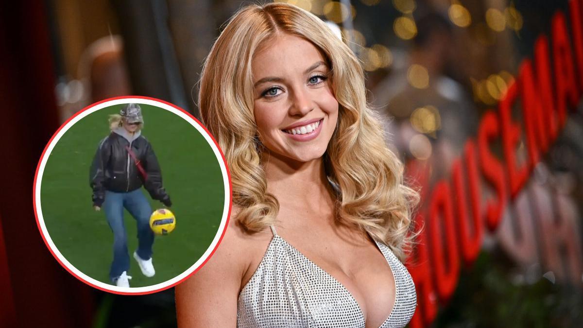 Sydney Sweeney demuestra sus dotes para el fútbol, en el campo del Sporting de Portugal.