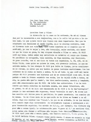 Cartas de Domingo Pérez Minik a Pilar García Padilla y Juan Cruz