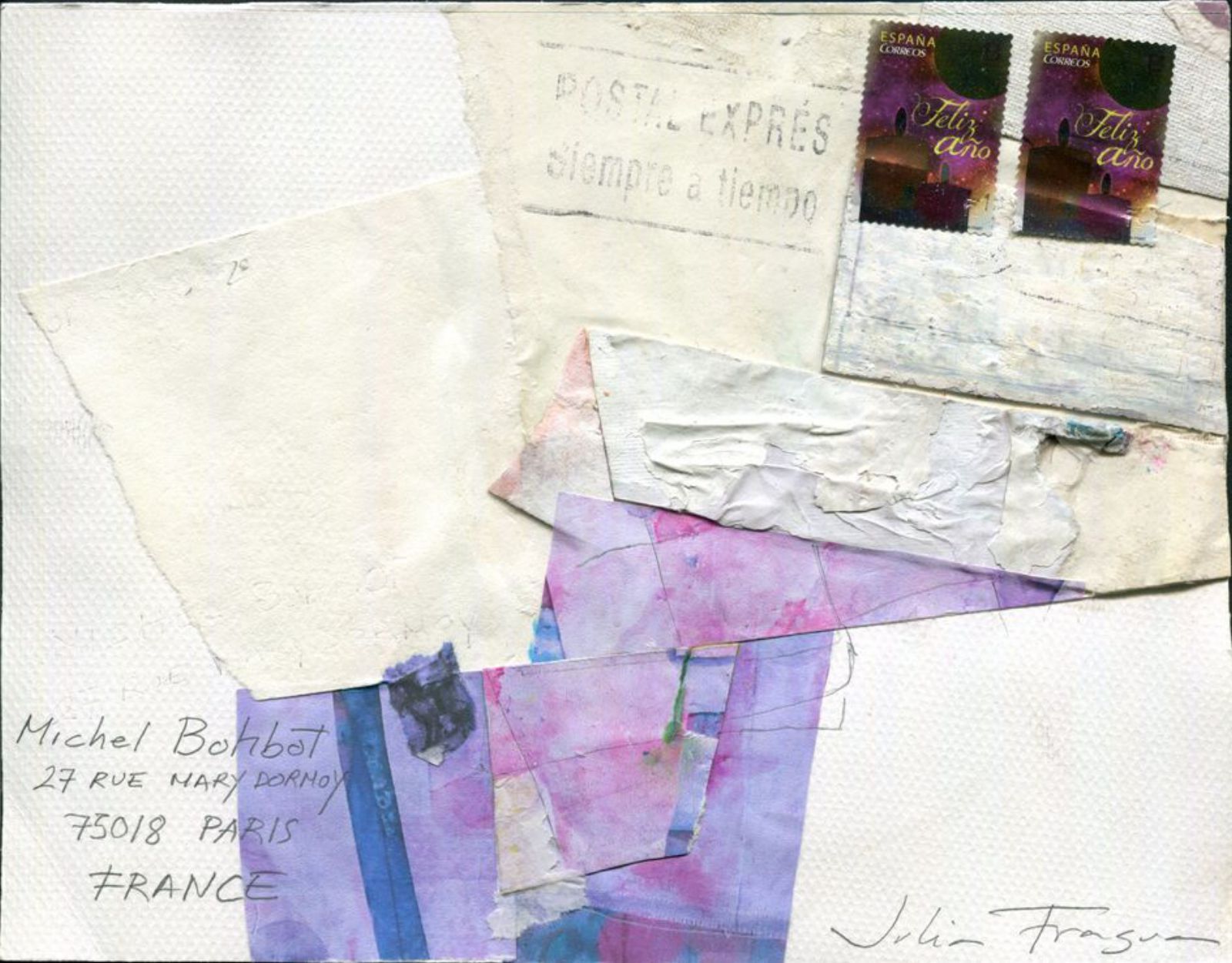 El sobre intervenido por Julia Fragua que forma parte de la muestra &#039;Art Postal&#039;.