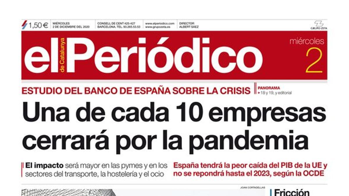 La portada de EL PERIÓDICO del 2 de diciembre del 2020.