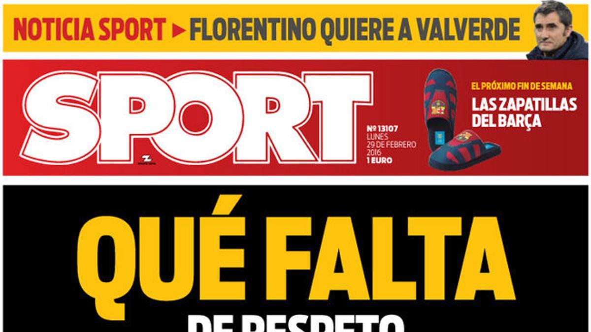 La portada de SPORT: Qué falta... de respeto