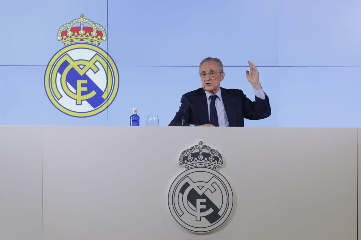 MADRID, 12/05/2026.- El presidente del Real Madrid, Florentino Pérez, ofrece una rueda de prensa este martes, en Madrid. Florentino Pérez afirmó este martes que no va a dimitir e informó de que ha pedido a la junta electoral que inicie el proceso electoral a las elecciones a la junta directiva a la que se va a presentar. EFE/ Juanjo Martín