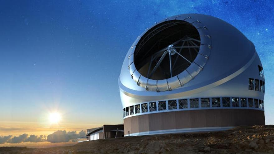 Representación del Telescopio de Treinta Metros (TMT) bajo la puesta de sol.