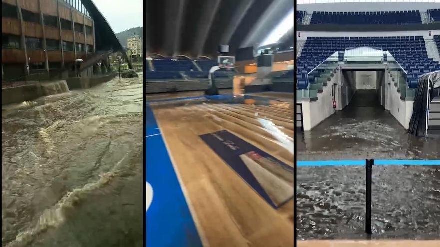La tromba de agua inunda el Palacio de los Deportes de Oviedo y causa importantes destrozos en su interior