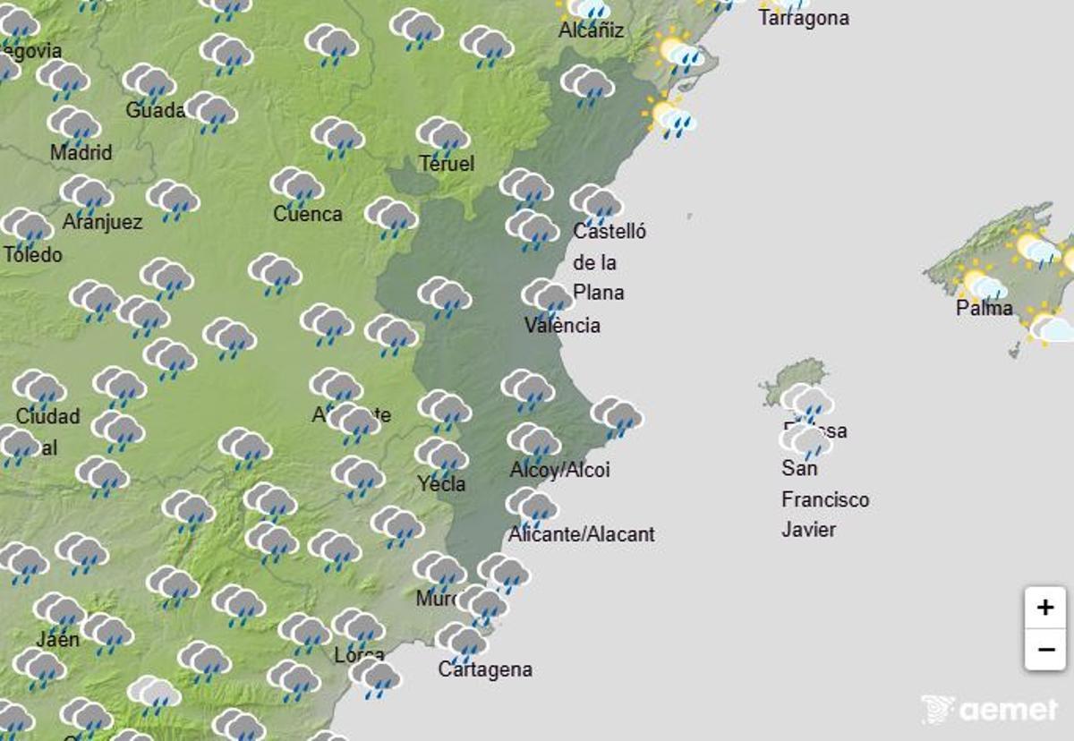 Predicción de la Aemet para el domingo entre las 6h y las 12h.