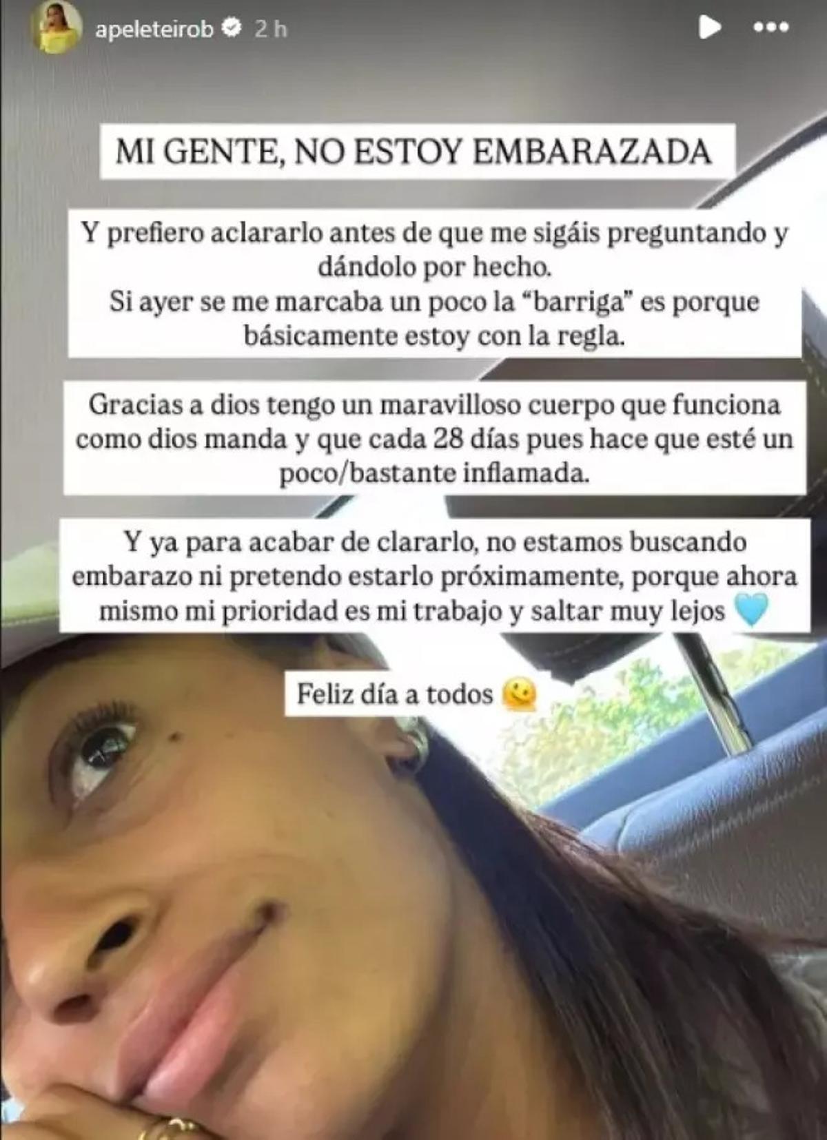 Historia de Instagram de Ana Peleteiro aclarando los rumores de embarazo.