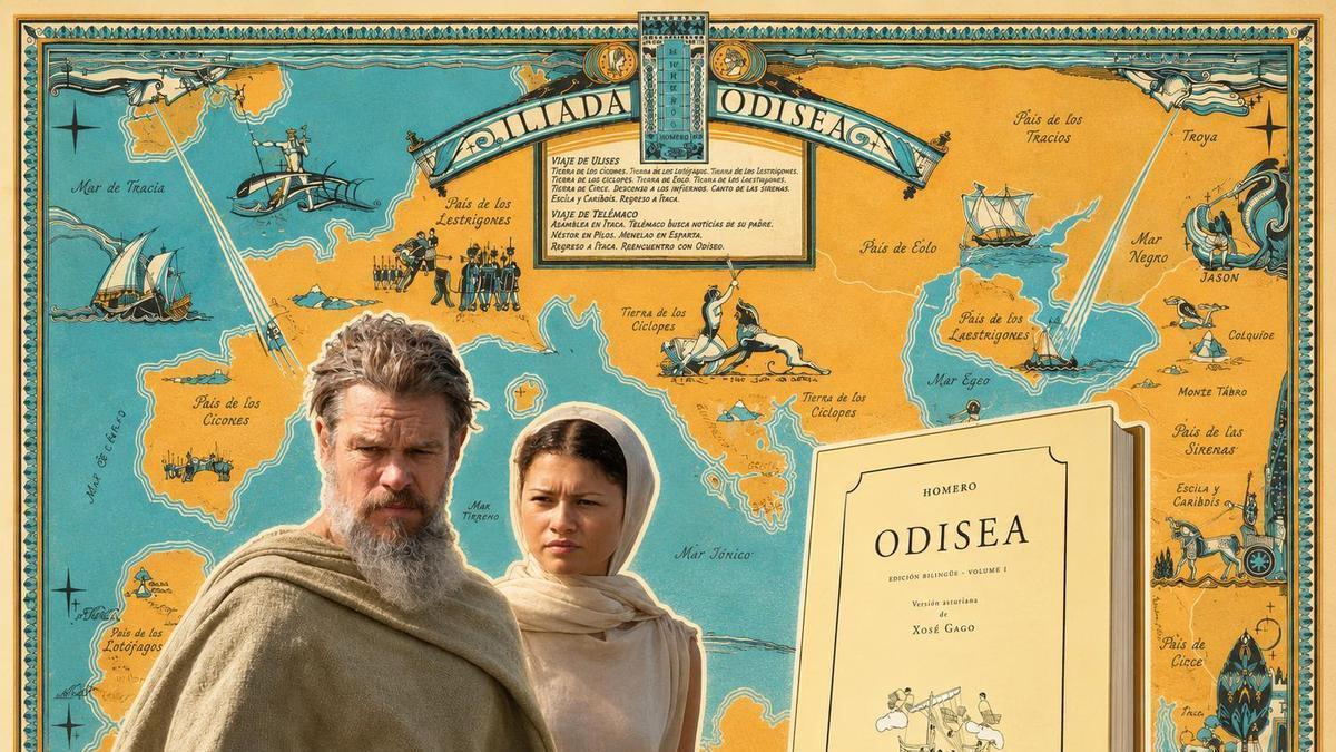 Matt Damon y Zendaya con el mapa de Aventuras Literarias, al fondo, y la traducción de Gago, a la derecha.