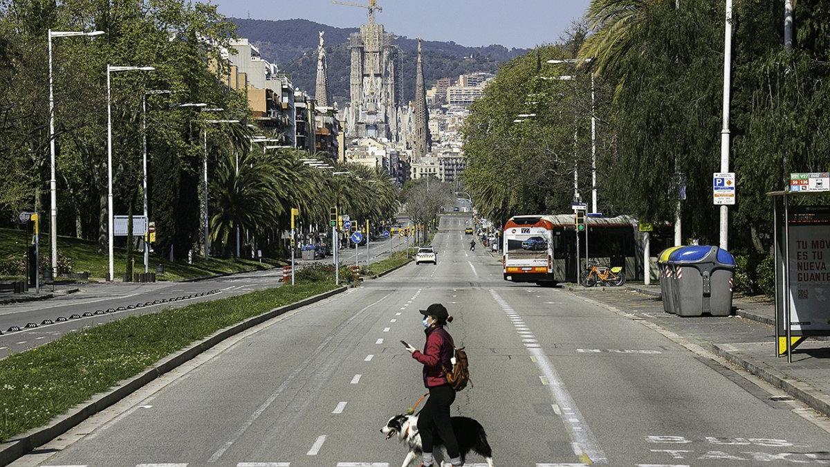 La calle de la Marina de Barcelona, prácticamente desierta y con la Sagrada Família al fondo, el pasado 29 de marzo