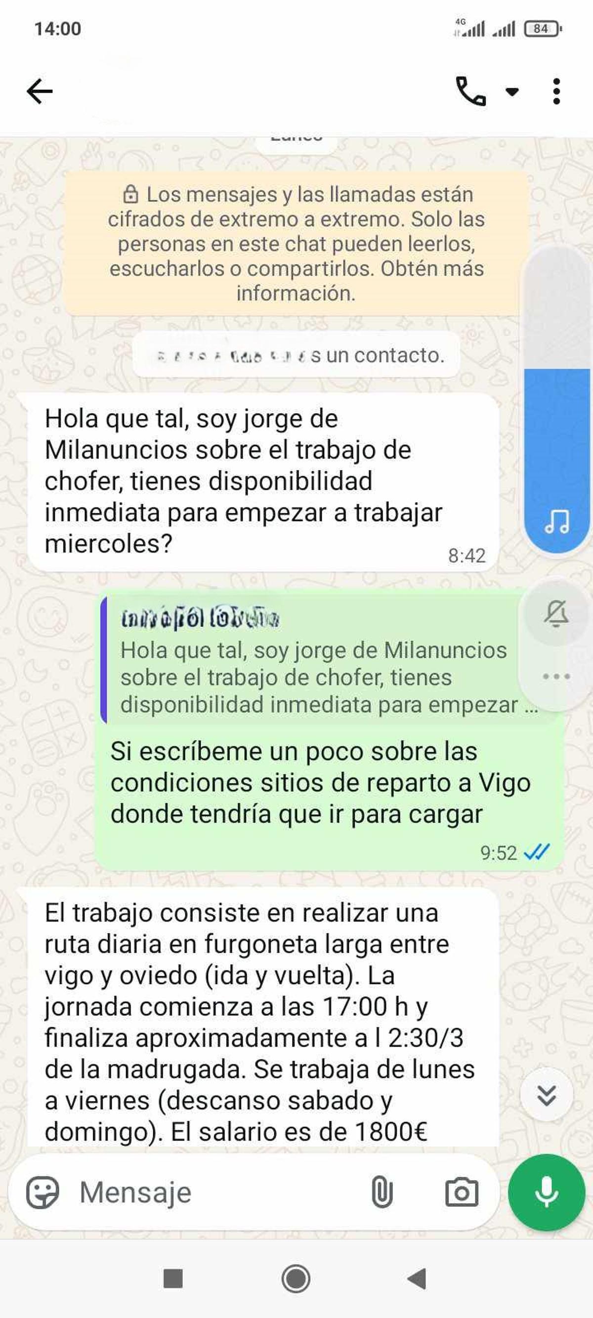 Las condiciones de trabajo que le transmitieron a Celia para el empleo de repartidora.