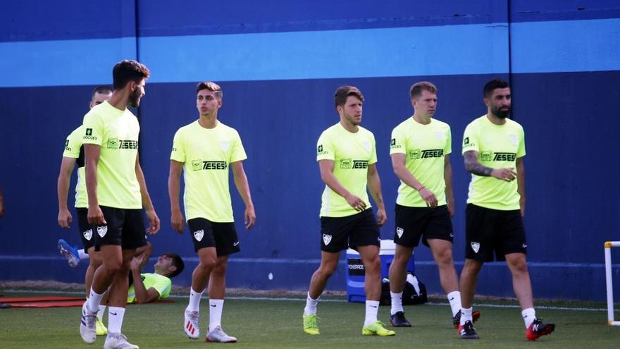 Instantánea de una sesión de entrenamiento del Málaga CF en el Anexo de La Rosaleda en los últimos días .