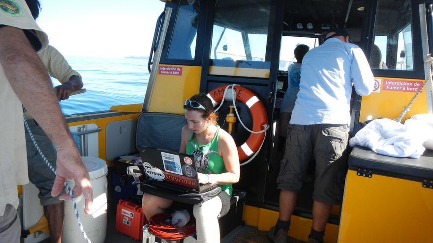 La investigadora Jenny Allen grabando el canto de las ballenas a bordo de un barco frente a Nueva Caledonia.