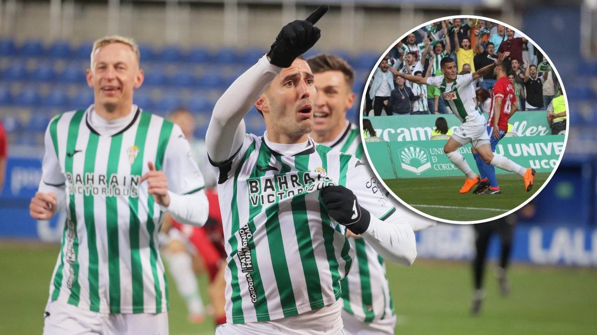 Sergi Guardiola, en la celebración de su gol ante el Mirandés, y ante el Sporting de Gijón en 2018.