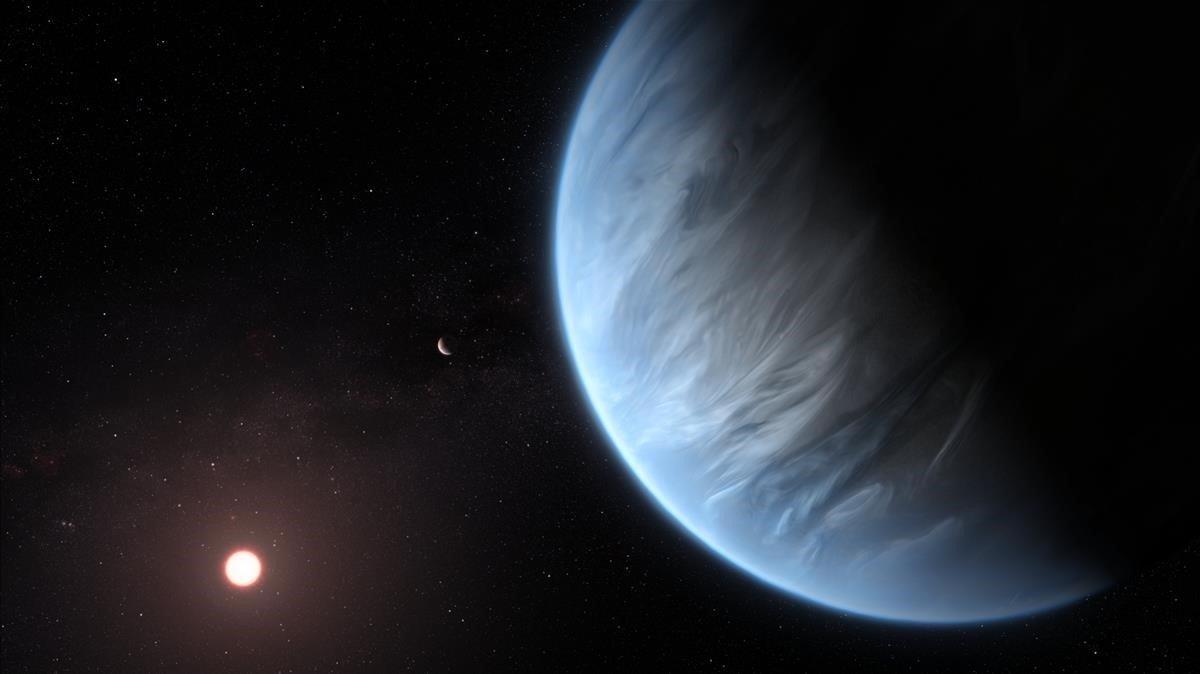 El planeta K2-18b, su estrella anfitriona y un planeta acompanante. El planeta K2-18b, su estrella anfitriona y un planeta acompanante.