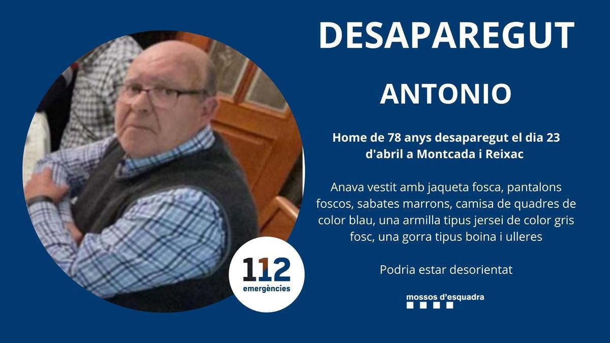 Els Mossos busquen l’Antonio, un home de 78 anys desaparegut a Montcada