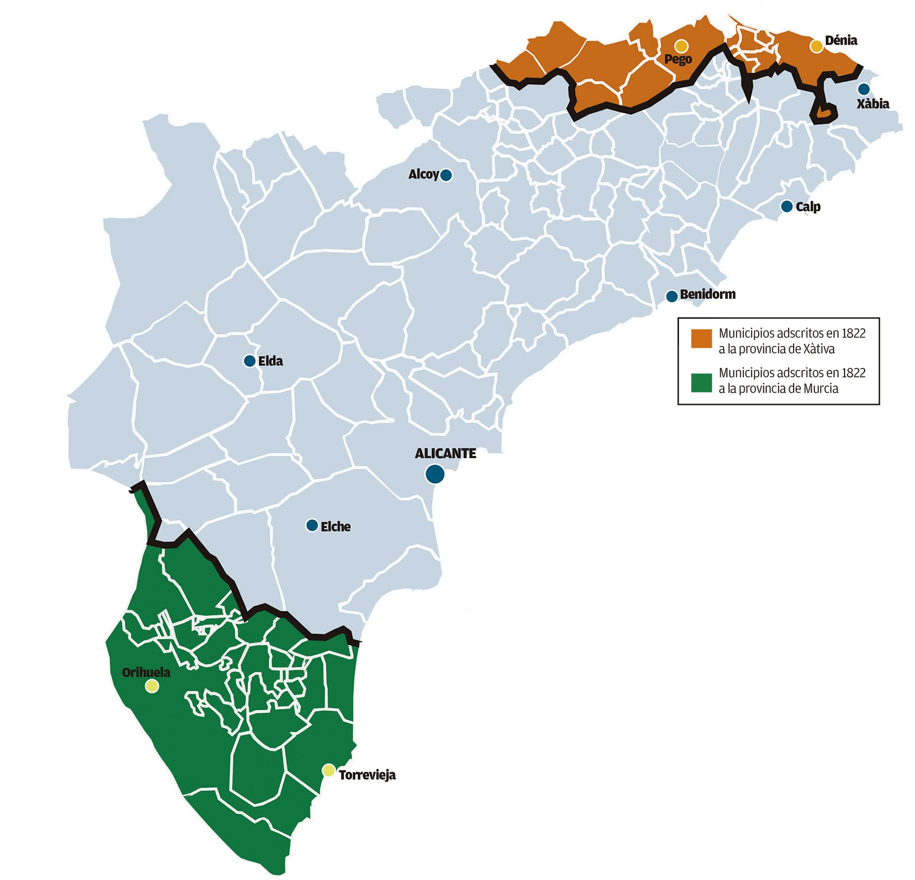 Límites de la provincia de Alicante de 1822, sobre un mapa de la demarcación actual.