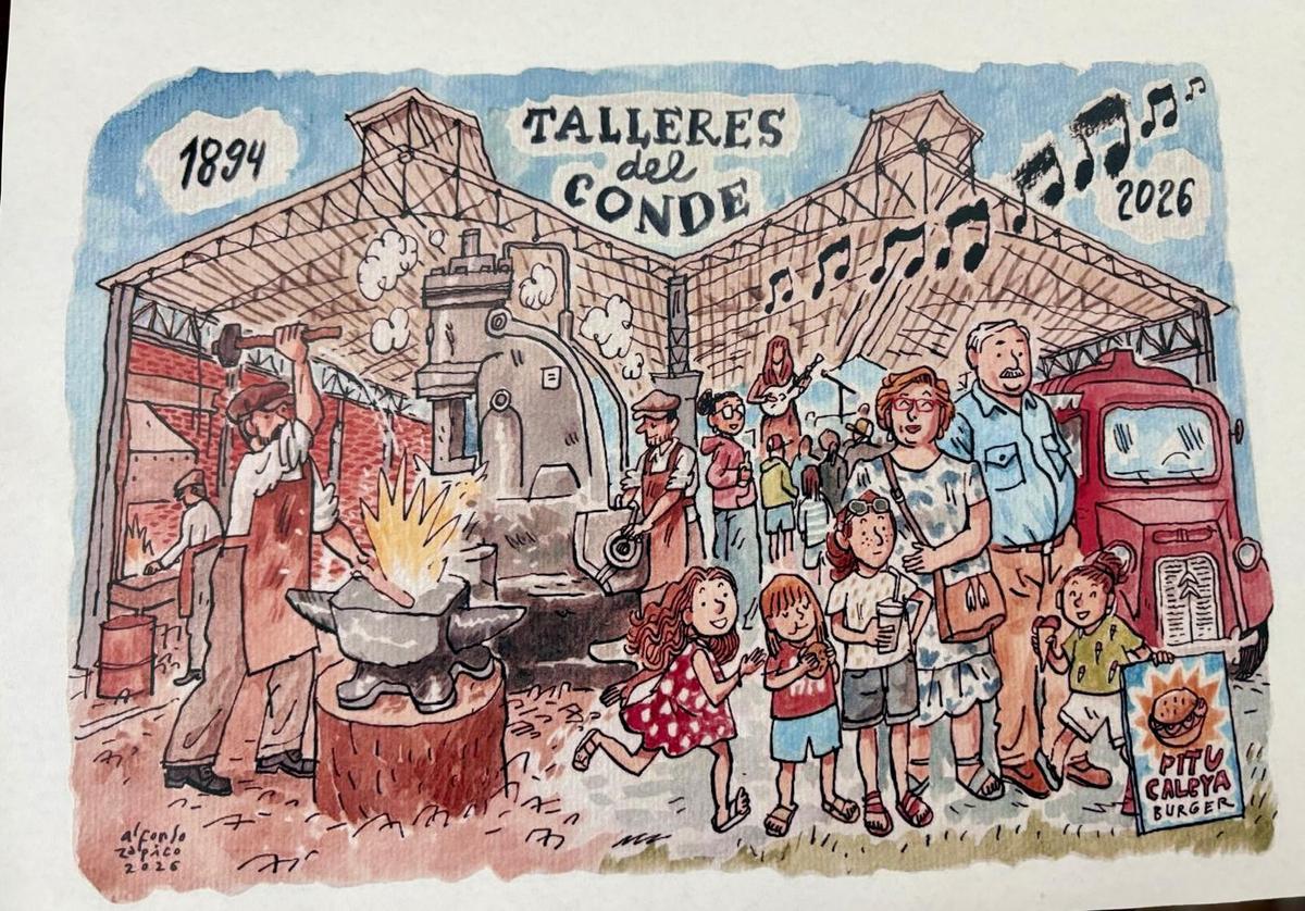 Cartel del pabellón de Langreo en la Feria Internacional de Muestras de Asturias, obra de Alfonso Zapico
