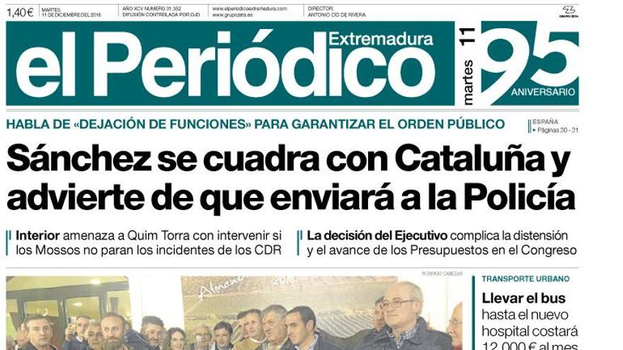 Esta es la portada de EL PERIÓDICO EXTREMADURA correspondiente al día 11 de diciembre del 2018