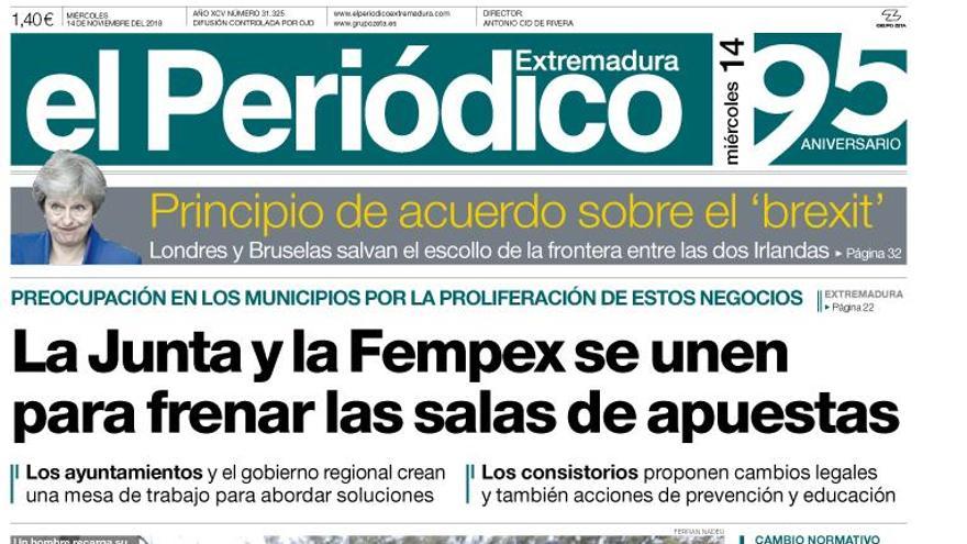 Esta es la portada de EL PERIÓDICO EXTREMADURA correspondiente al día 14 de noviembre del 2018