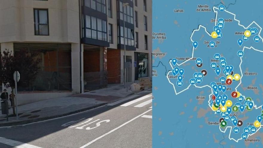 Rúa Agro da Vella, izquierda, y visor interactivo de obras en el mapa de Ames, derecha