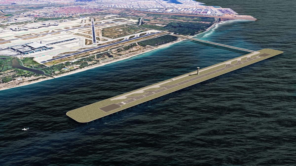 Simulación de la propuesta de la pista sobre el mar para el Aeropuerto de Barcelona