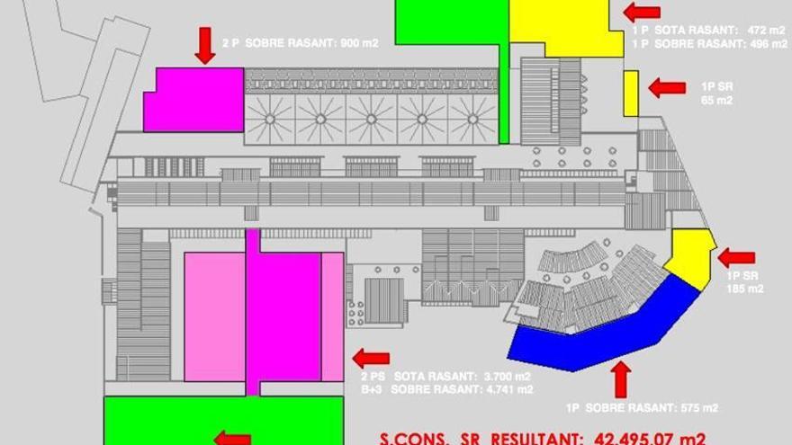 Imagen actual del hospital de Manacor, comparada con la que quedará después de la ampliación en cuatro fases, según la Conselleria.