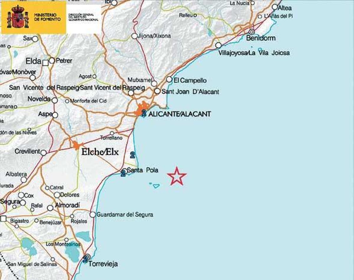 Localización del terremoto registrado ayer frente a Santa Pola.