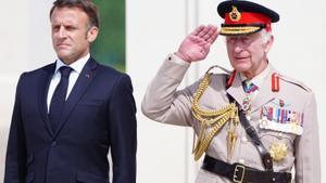 El presidente francés, Emmanuel Macron, junto al rey Carlos III de Reino Unido, durante los actos de conmemoración del 80 aniversario desembarco de Normandía en Francia.