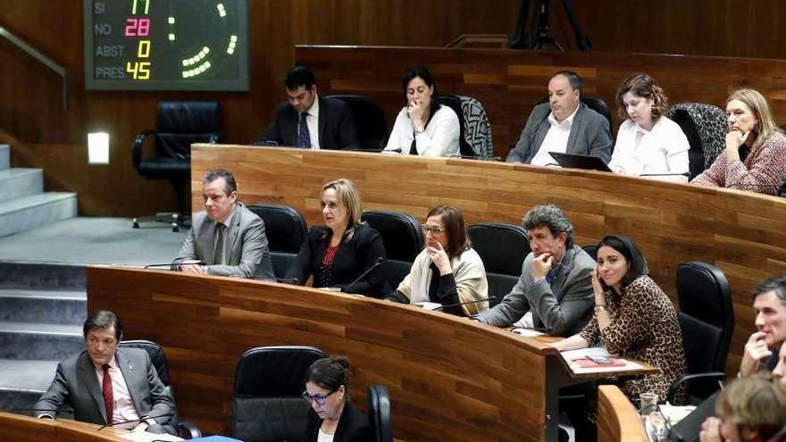 La bancada socialista, ante el panel de votaciones con el rechazo a las enmiendas de totalidad presentadas.