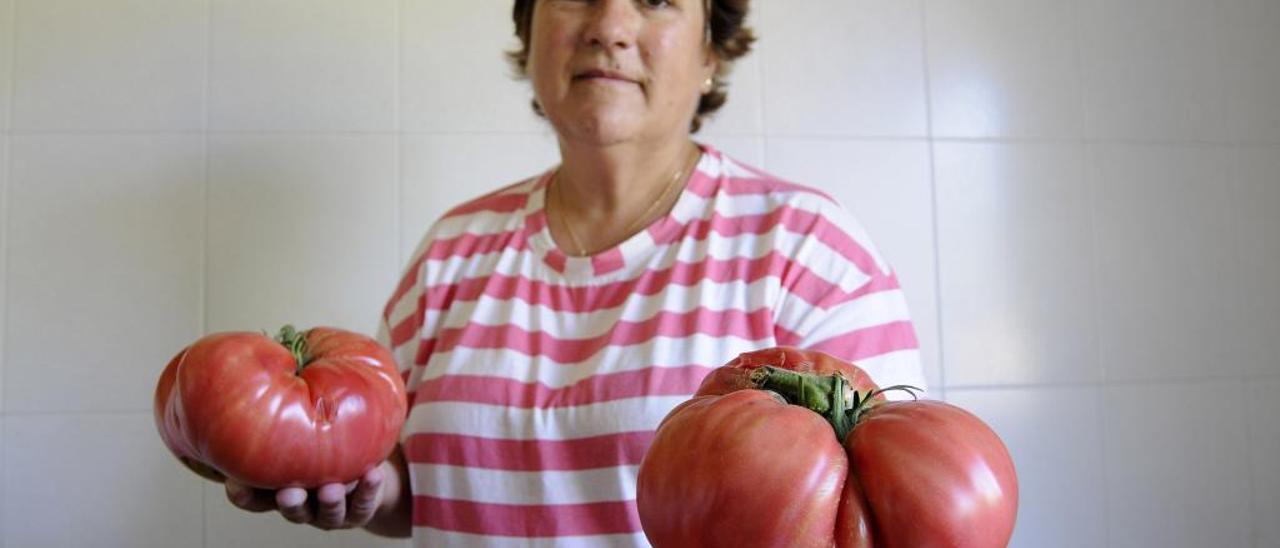 Ángeles González posa con sus tomates gigantes. // Bernabé/Javier Lalín