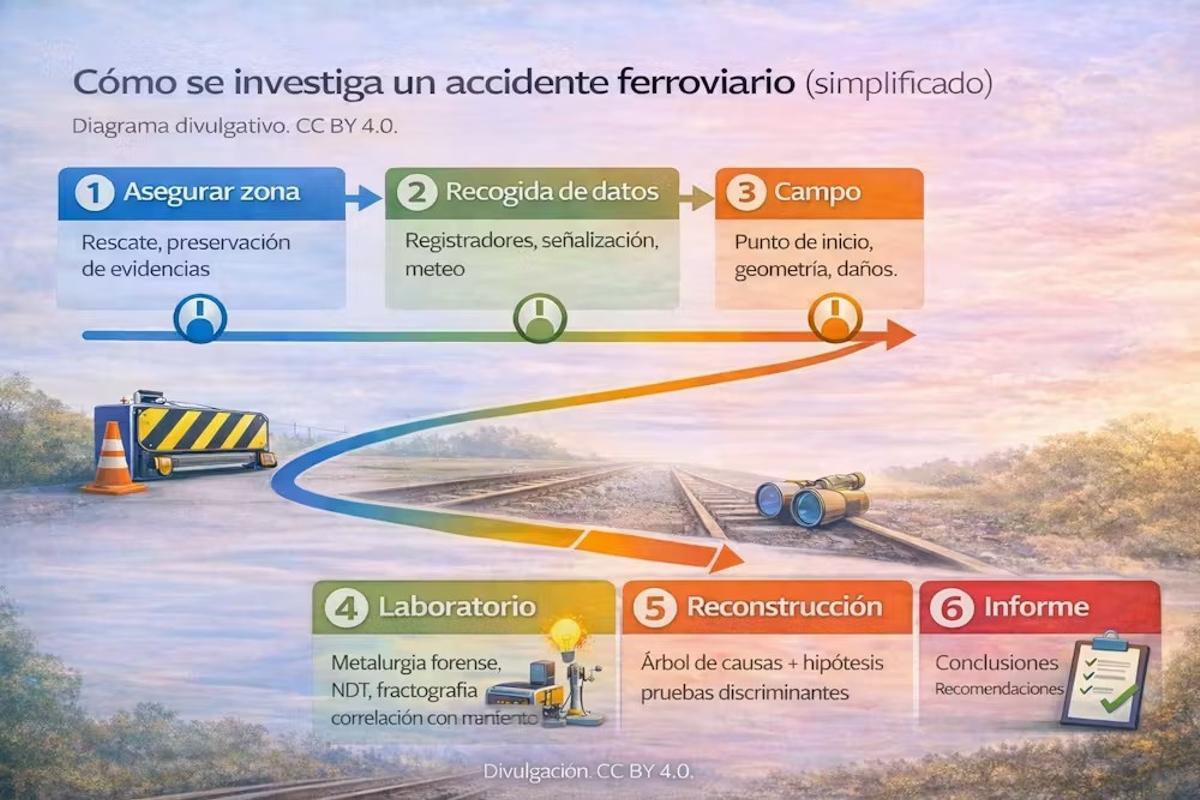 Esquema simplificado de cómo se investiga un accidente ferroviario.