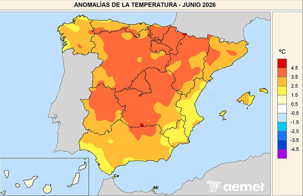 Anomalías de las temperaturas medias en junio de 2026 respecto al período 1991-2020