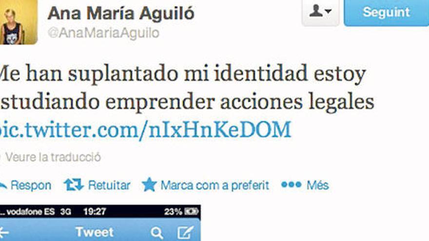 Mensaje lanzado por la diputada popular Ana María Aguiló donde anuncia que le han suplantado su identidad.