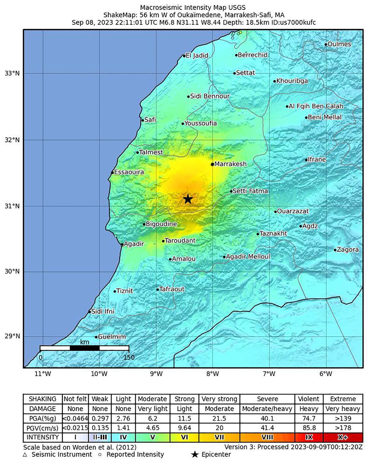 El epicentro del terremoto tuvo lugar en la localidad de Ighil, situada 63 kilómetros al suroeste de la ciudad de Marrakech.