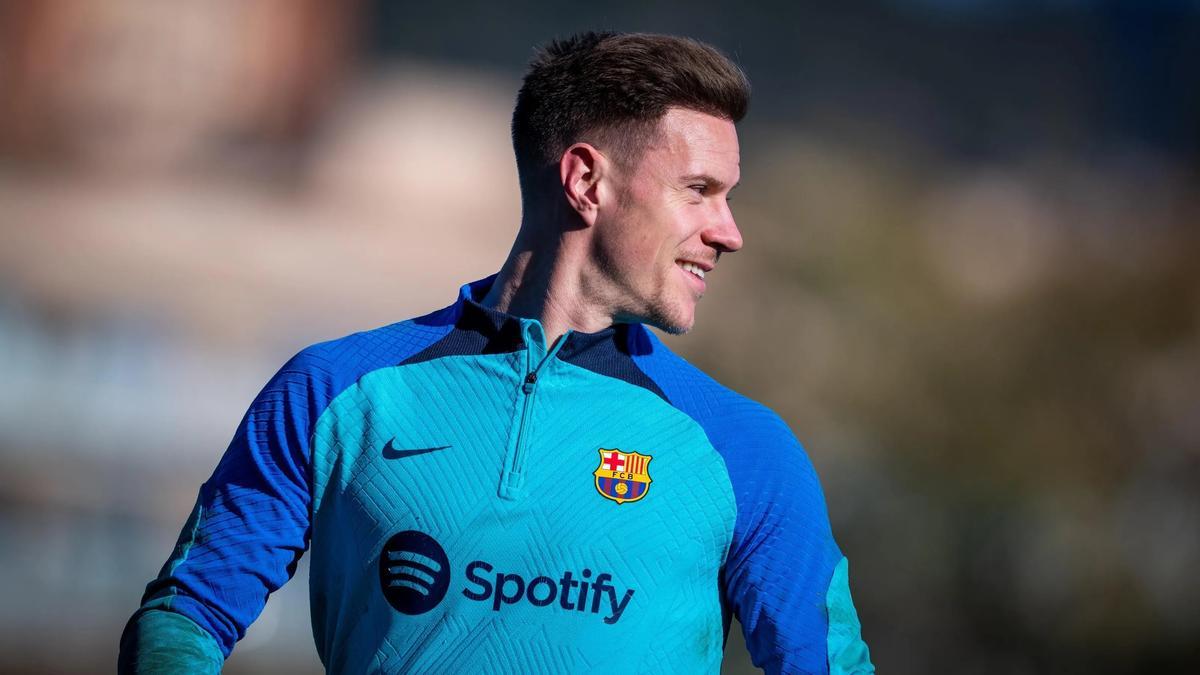 Ter Stegen, en el entrenamiento previo del Barça al duelo de la Copa ante la Real Sociedad.