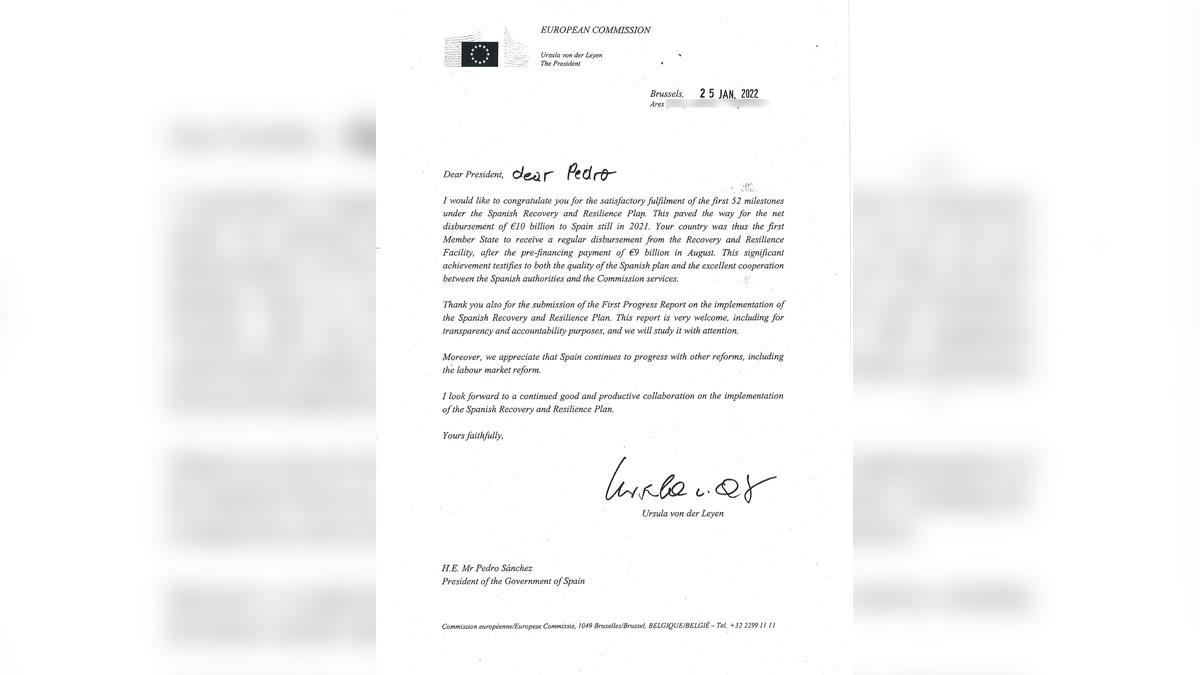 Carta de Ursula von der Leyen a Pedro Sánchez.