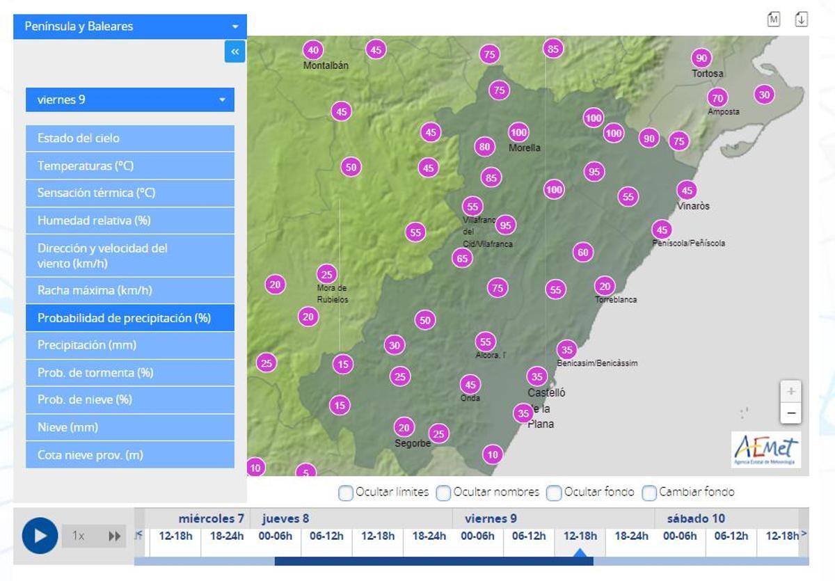 Probabilidad de lluvia en Castellón el viernes entre las 12.00 y las 18.00 horas.