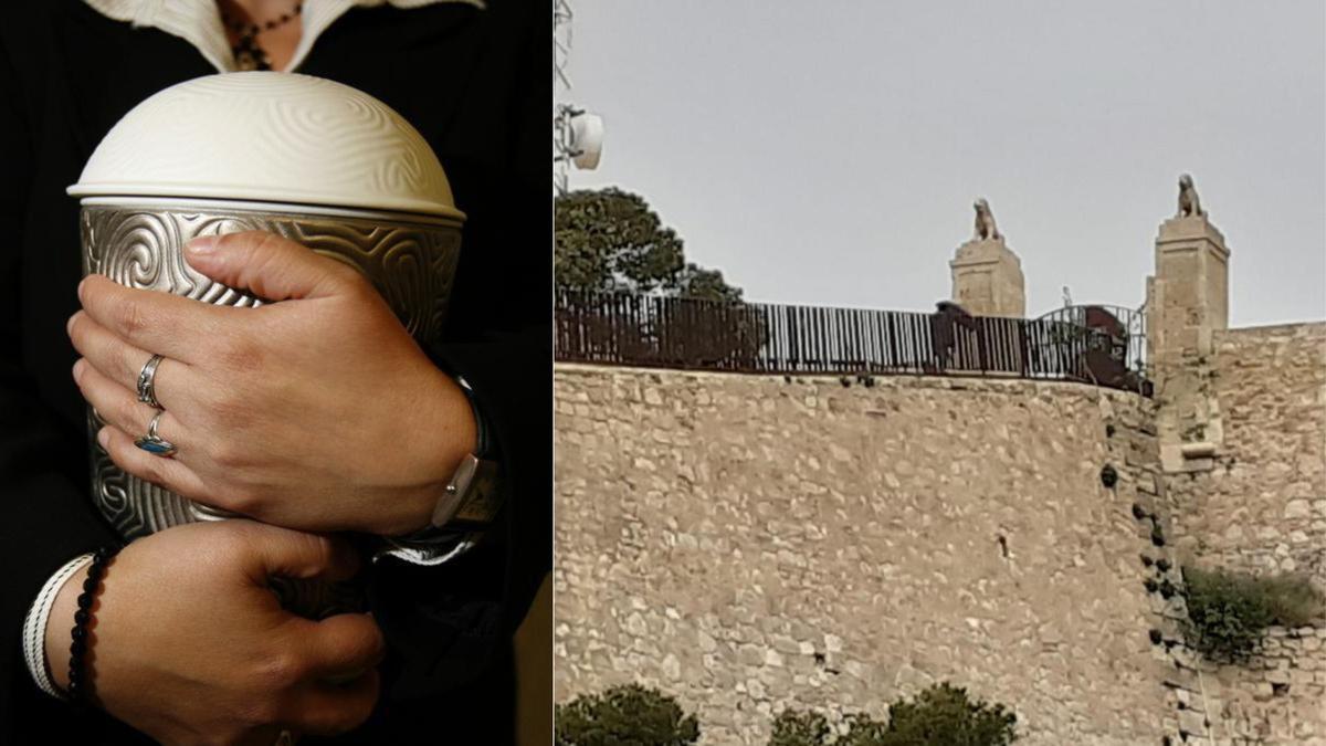 Una mujer con una urna funeraria en una imagen de archivo junto a una fotografía de la muralla y entrada del castillo de San Fernando de Alicante