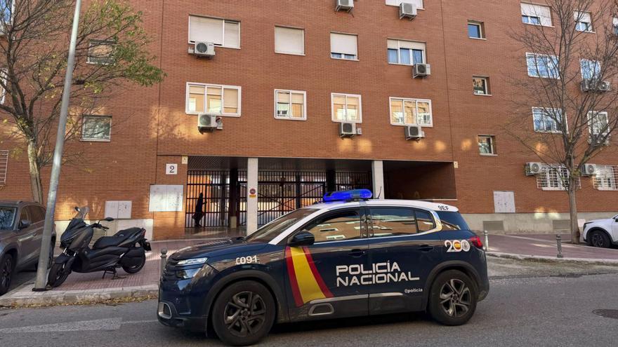 Un vehículo de la Policía Nacional, junto al edificio donde tuvo lugar el crimen machista.  | |  N. PECIÑA/EFE