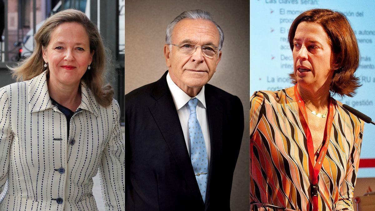 La vicepresidenta económica del Gobierno, Nadia Calviño; el presidente de la CECA, Isidre Fainé; y la presidenta de la AEB, Alejandra Kindelán.