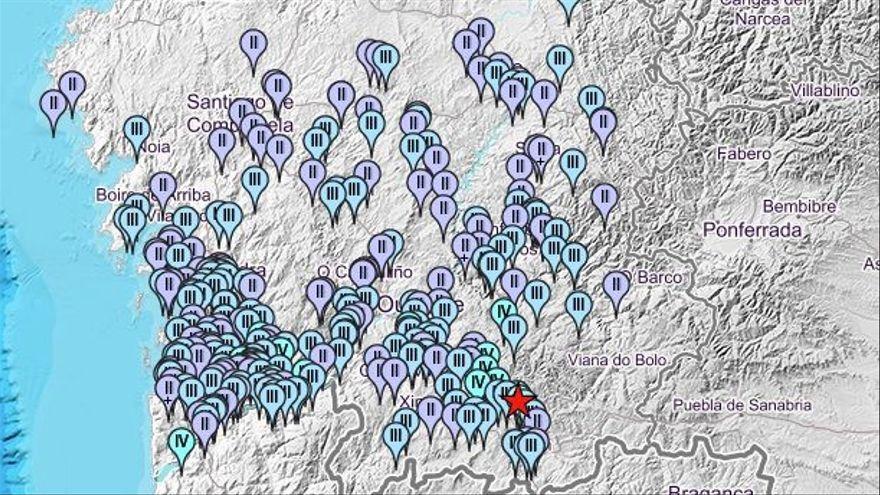 Puntos en los que se ha notado el terremoto de esta madrugada en Laza, el mayor en Galicia en 20 años.