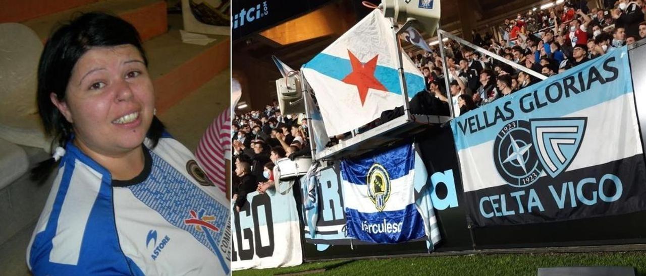 La bandera del Hércules en memoria de María Arbúes, colocada durante el partido de Copa del Rey entre el Celta y el Osasuna.