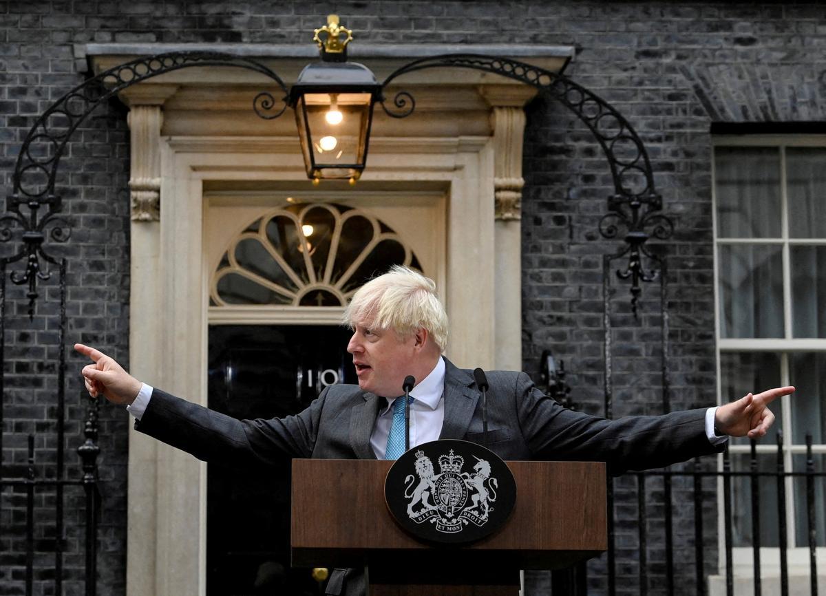 FILE PHOTO: Outgoing British Prime Minister Boris Johnson delivers a speech on his last day in office