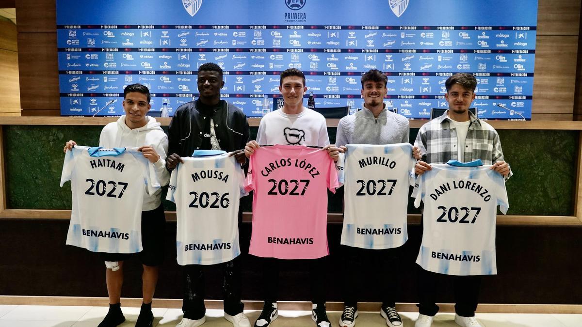 Presentación de Carlos López, Moussa, Murillo, Dani Lorenzo y Haitam, renovados con el Málaga CF