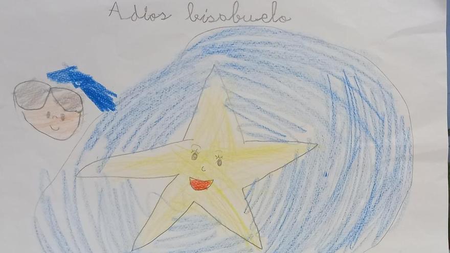 El dibujo con el que su bisnieta Vera, de 7 años, se despide de Luis Torras.