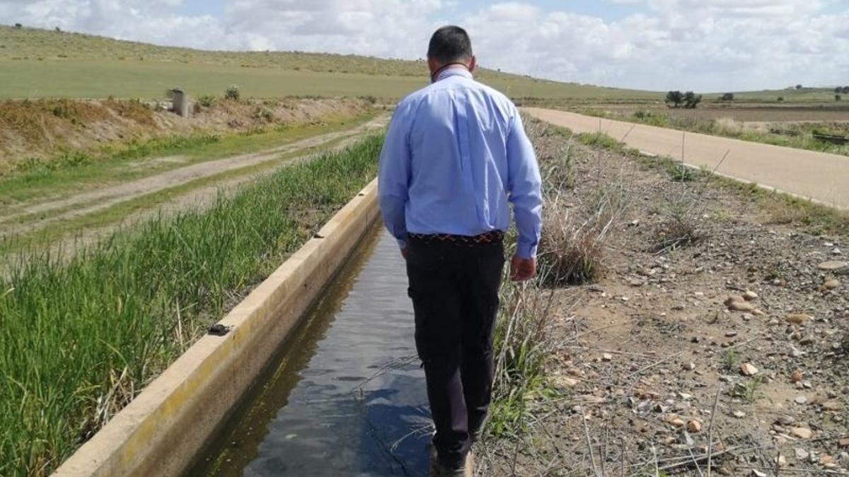 Un guarda pasa por una de las acequias de la comunidad de regantes de Orellana
